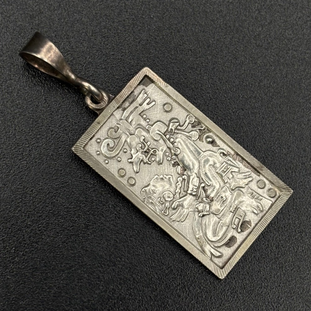 Vintage Mexican Sterling Silver Pendant Ceremonial Mayan Aztec Bas-Relief